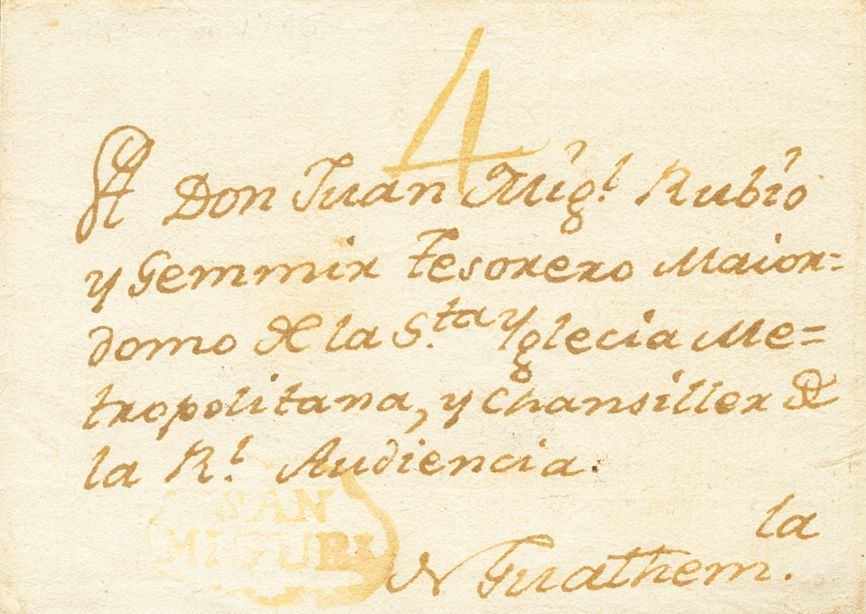 3103 Salvador. Colonial. (1800ca). SOBRE. SAN MIGUEL A GUATEMALA. Marca SAN / MIGUEL, En Tinta De Escribir (P.E.1) Edici - El Salvador