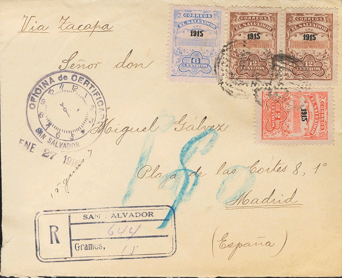 3109 Salvador. 1916. SOBRE. Yv. 381A, 382A, 383A(2). 2 Ctvos Rojo, 6 Ctvos Azul Gris Y 12 Ctvos Castaño Rojo, Dos Sellos - El Salvador