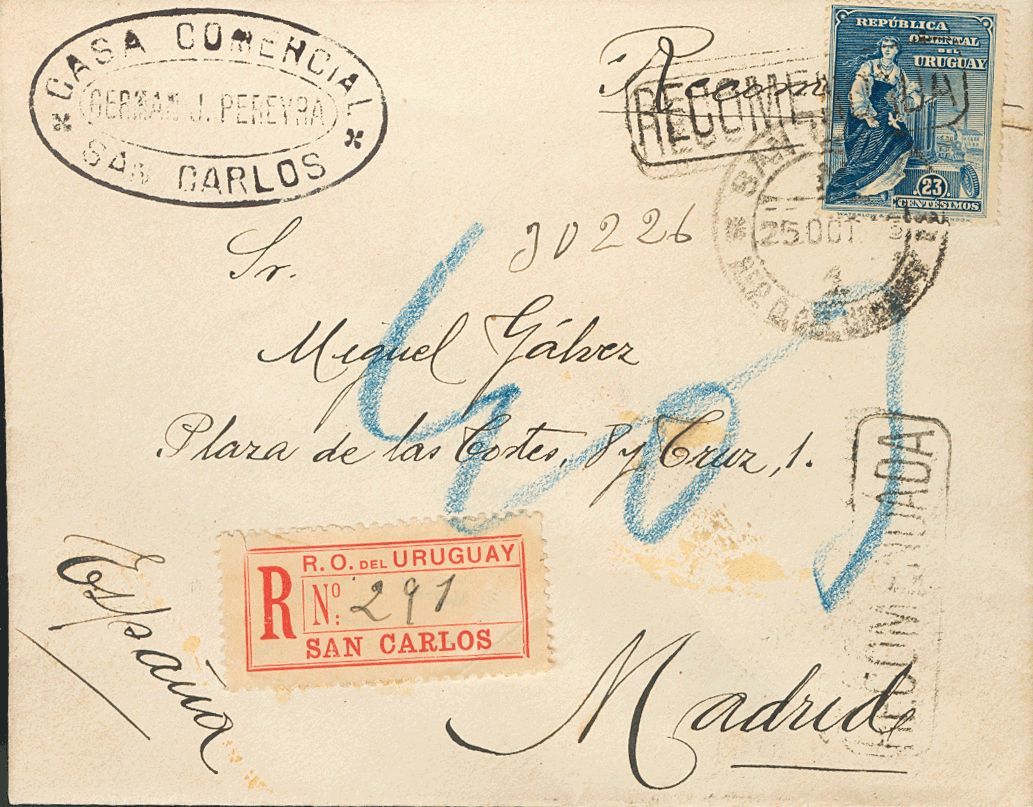 3118 Uruguay. 1913. SOBRE. Yv. 192. 23 Cts Azul. Certificado De SAN CARLOS A MADRID. Al Dorso Llegada. MAGNIFICO E INUSU - Uruguay