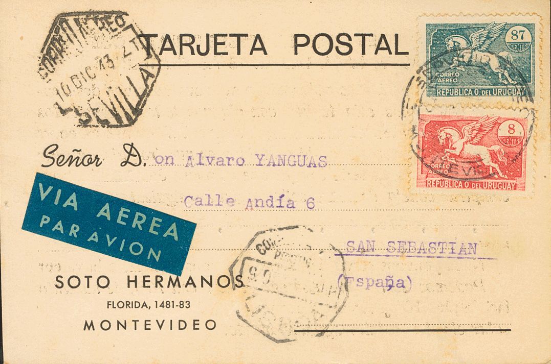 3120 Uruguay. Aéreo. 1943. SOBRE. Conjunto De Tres Tarjetas Y Una Carta De MONTEVIDEO A SAN SEBASTIAN, Franqueadas Con D - Uruguay