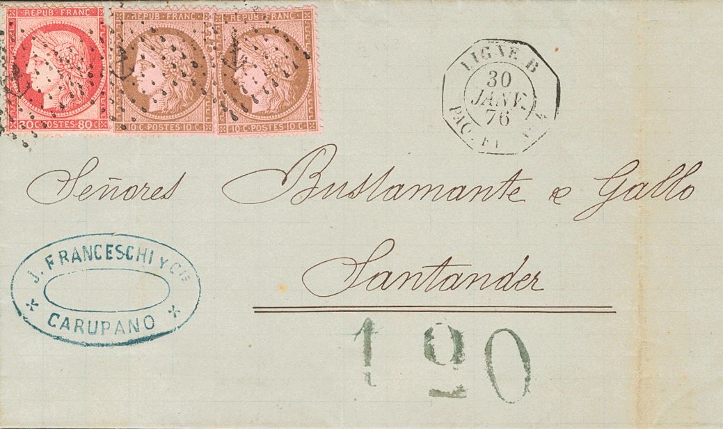 3127 Venezuela. Agencia Postal Francesa. 1876. SOBRE. Yv. Francia 57, 58(2). 10 Cts Castaño Sobre Rosa, Dos Sellos Y 80  - Venezuela