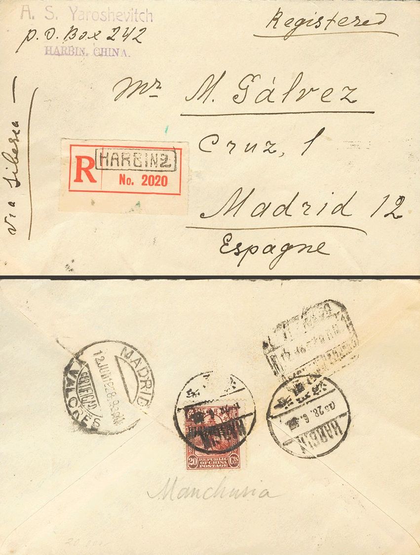 3132 China. 1928. COVER. Yv. 159A. 20 Ctvos Carmine Chestnut (on The Back). Registered From HARBIN (MANCHURIA) To MADRID - Andere & Zonder Classificatie