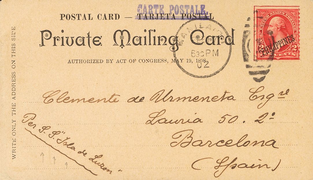 3145 Philippines. U.S. Administration. 1902. COVER. Yv. 177. 2 Ctvos Red. Postcard From MANILA To BARCELONA. On The Fron - Filippijnen