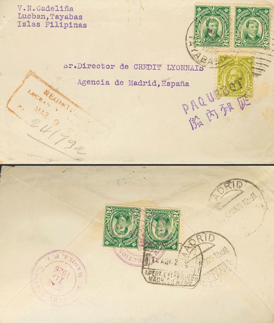 3149 Philippines. 1906. COVER. Yv. 204(4), 212. 2 Ctvos Green, Four Stamps (two On The Back) And 16 Ctvos Olive Green. R - Filippijnen