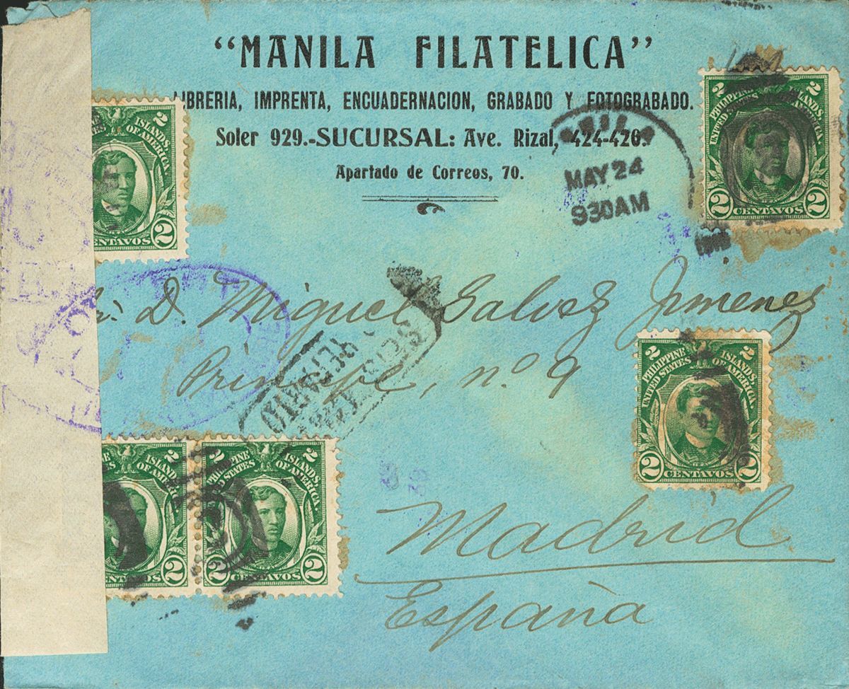 3151 Philippines. U.S. Administration. (1920ca). COVER. Yv. 204aA. 2 Ctvos Green, Five Stamps (unimportant Adhesive Spot - Filippijnen