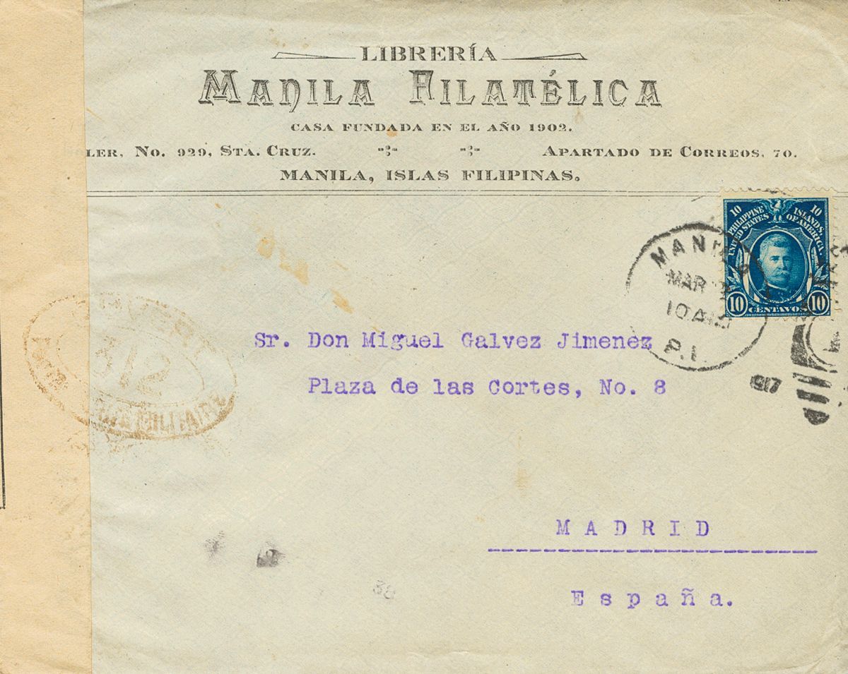 3153 Philippines. U.S. Administration. 1917. COVER. Yv. 208A. 10 Ctvos Blue. MANILA To MADRID (with Advertising Librería - Filippijnen