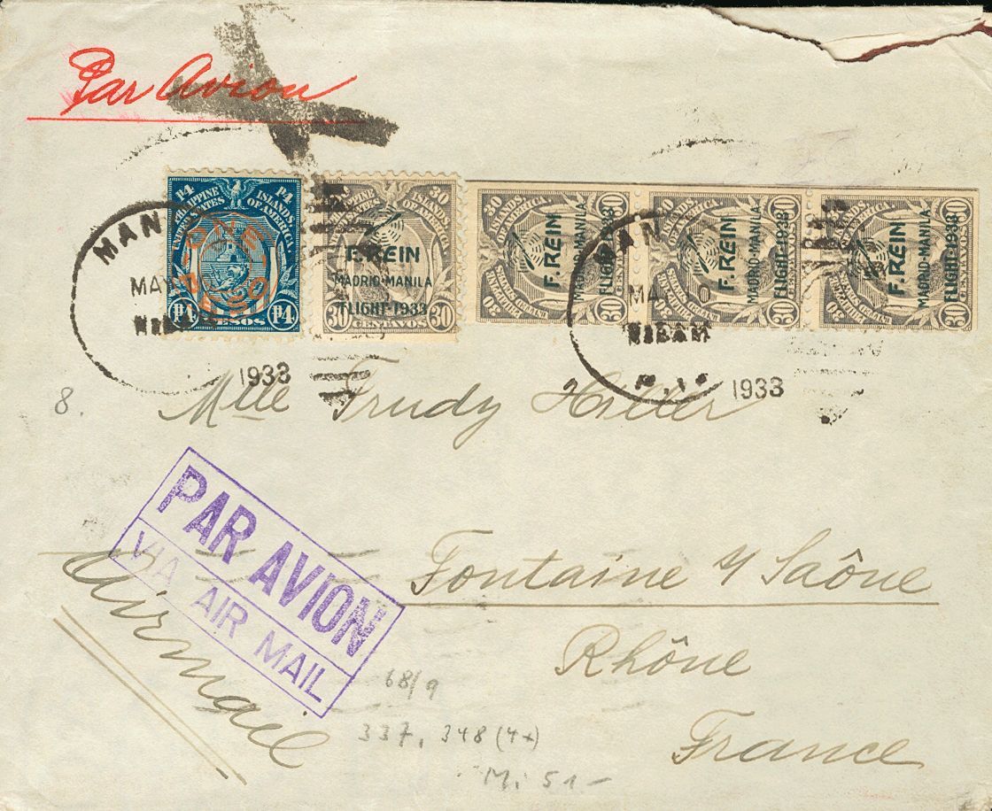 3155 Philippines. Airmail. 1933. COVER. Yv. 31K(4), 241. 1 Peso On 4 Blue Pesos And 30 Cts Gray, Strip Of Three And A St - Filippijnen