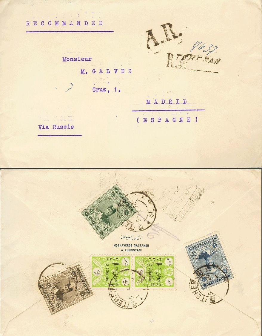 3157 Iran. 1926. COVER. Yv. 462, 463, 466, 477(2). 6 Ch Gray Chestnut, 9 Ch Green, 1 K Blue And 2 Ch Green Yellow, Two S - Iran