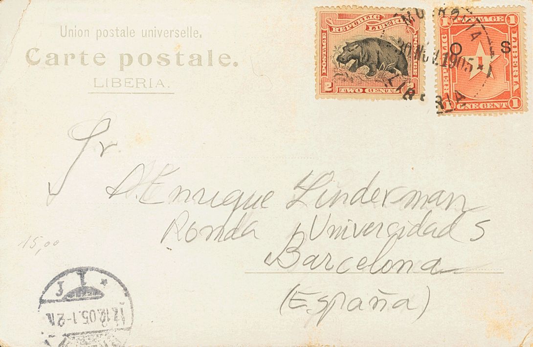 3168 Liberia. 1905. COVER. Yv. 26, 52. 1 Cts Red And 2 Cts Red And Black. Postcard From MONROVIA To BARCELONA. On The Fr - Liberia