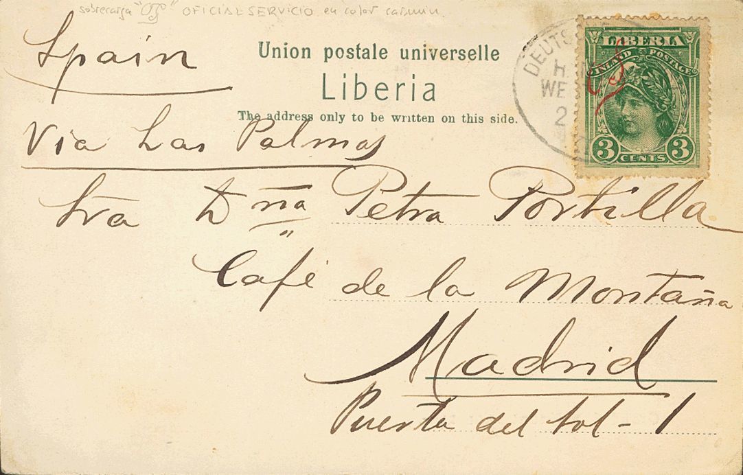 3169 Liberia. Official. 1906. COVER. Yv. 39. 3 Ctvos Green. Postcard From MONROVIA To MADRID. German Maritime Mail Postm - Liberia