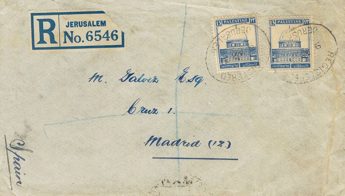 3172 Palestine. 1931. COVER. Yv. 71(2). 13m Ultramarine, Two Stamps. Registered From JERUSALEN To MADRID (addressed To M - Andere & Zonder Classificatie