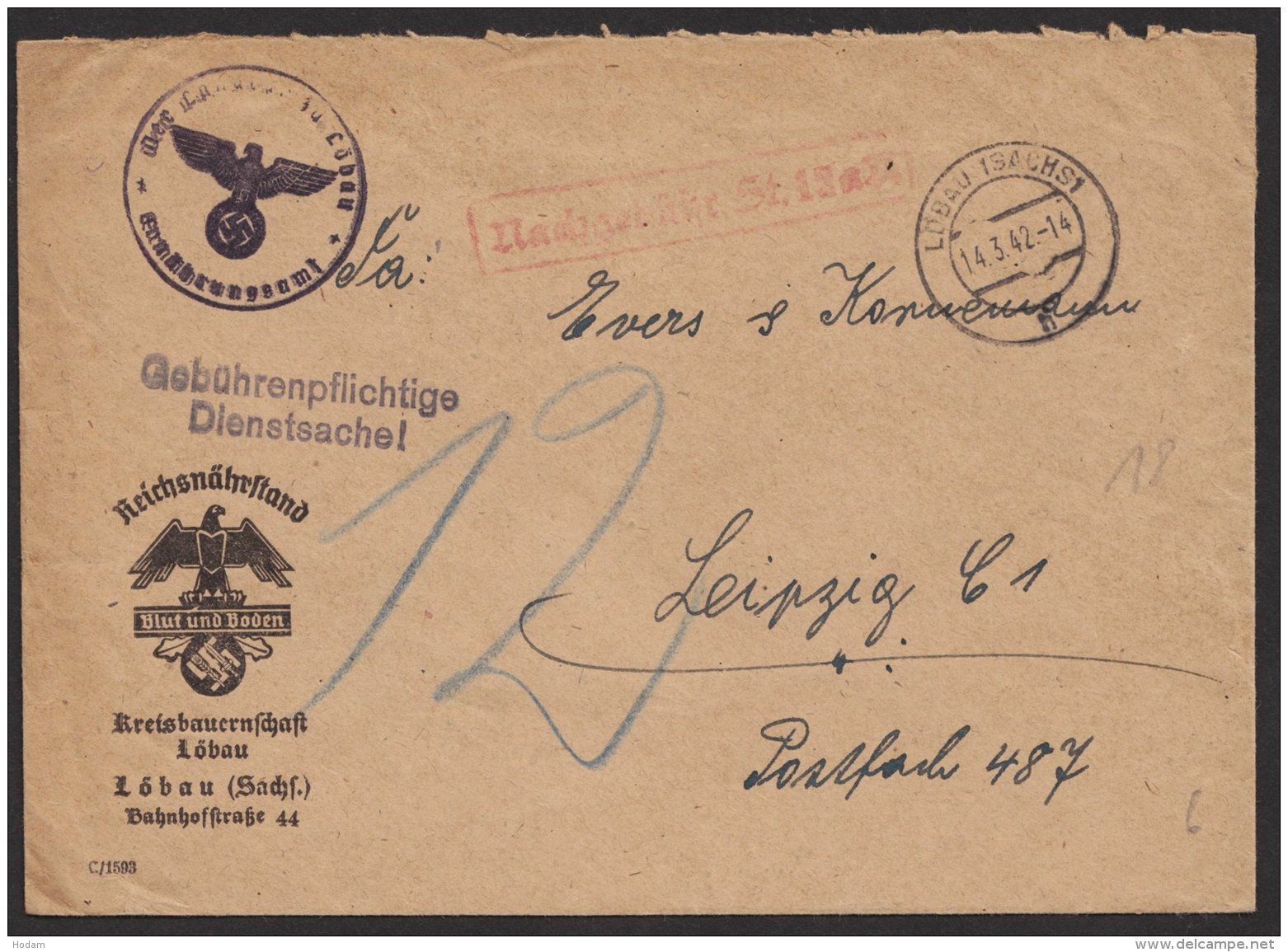 Propaganda, "Reichsnährstand, Löbau, 1942, Dienstbrief Mit Nachgebür - Briefe U. Dokumente