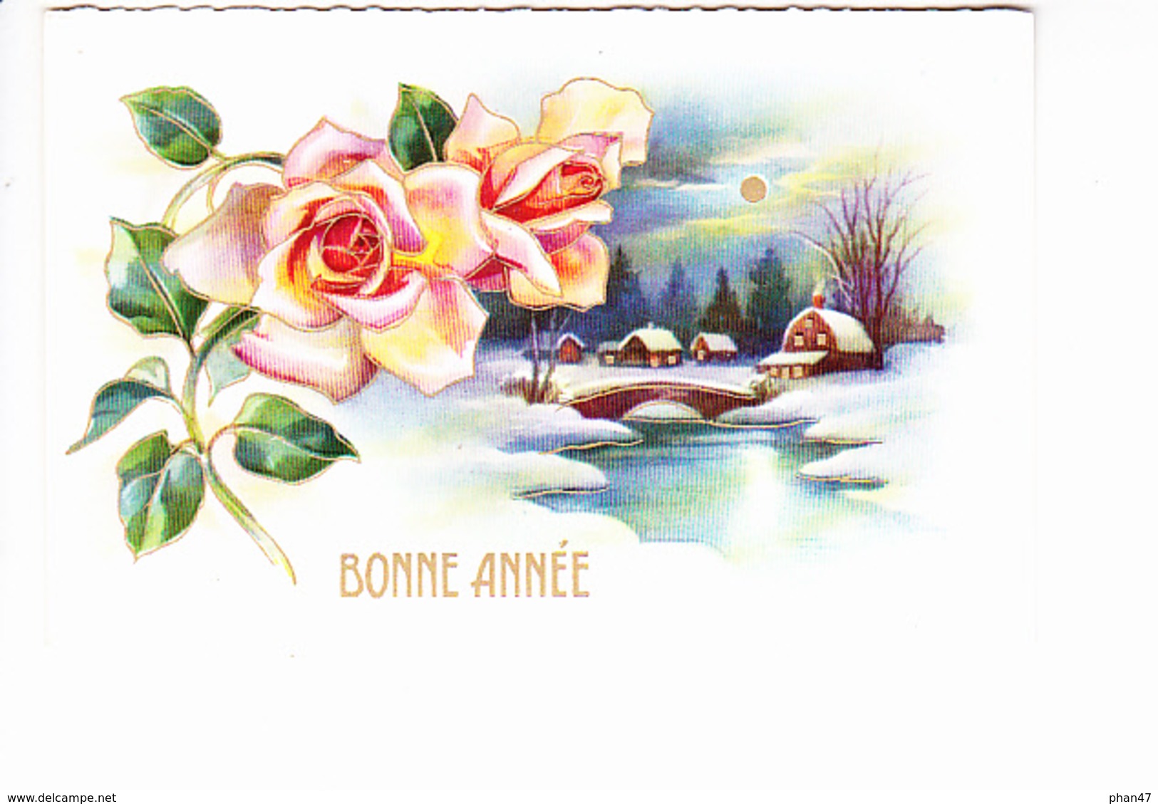 BONNE ANNEE, Paysage De Campagne Sous La Neige Le Soir, Hameau Illuminé, Lune, Rose,  Ed. M.D. 1955 - Año Nuevo