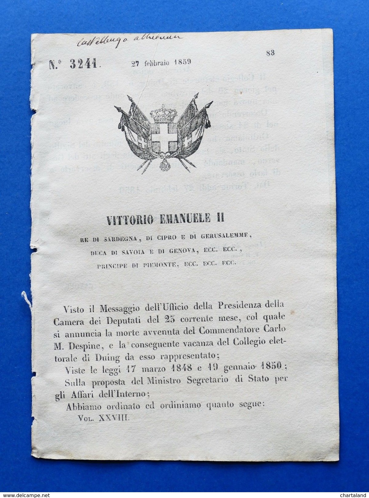 Regno Di Sardegna - Regio Decreto Convocazione Elettorato Di Duing - 1859 - Sin Clasificación