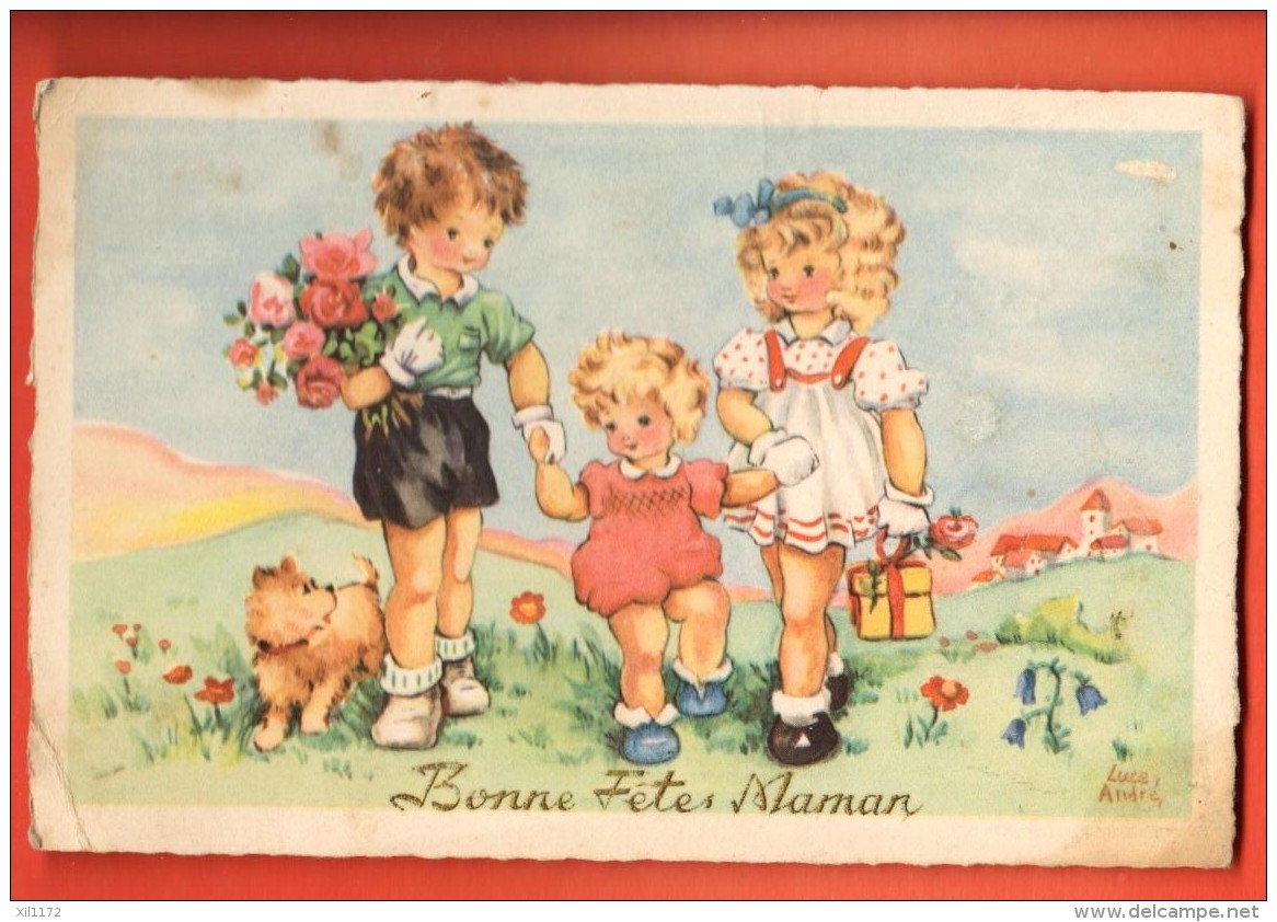 MIU-27  Luce André Andrée, Bonne Fête Maman, 3 Enfants Et Chien Avec Cadeaux. Circulé Sous Enveloppe En 1948 Petit Pli - Día De La Madre