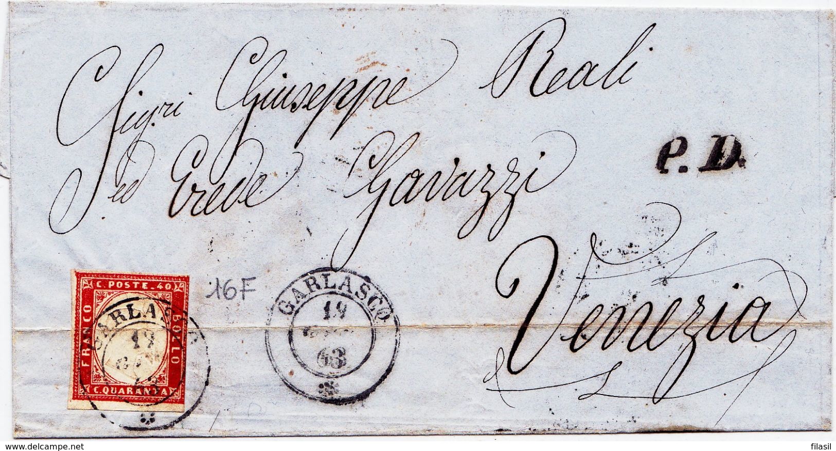 SI53D Italia Italy Sardegna Busta Da Garlasco A Veezia 40 C.1863 Con Annullo Di Arrivo - Sardaigne