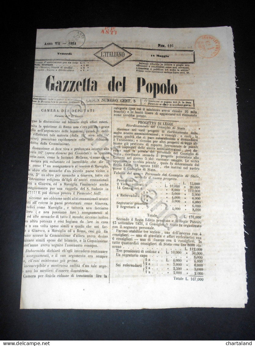 Risorgimento Cavour Torino - Giornale Gazzetta Del Popolo N° 116 Del 1854 - Non Classificati