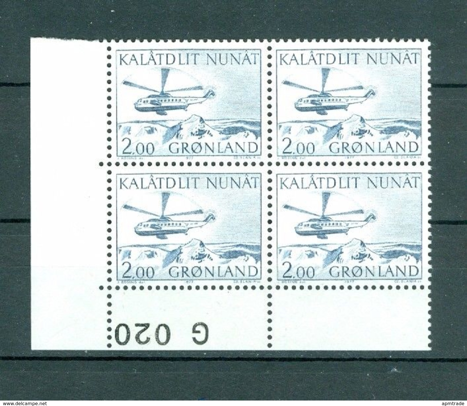 Greenland. 1 Mnh 4-Plate Blocks  1977 #  G 020. 200 Ore  Helicopter.  Cz. Slania - Blocks & Sheetlets