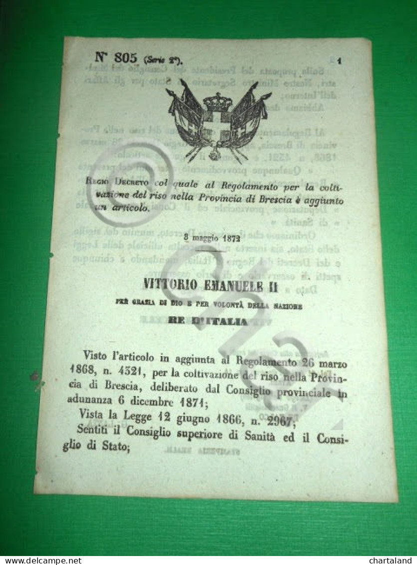 Regno D' Italia Regio Decreto Regolamento Coltivazione Riso Brescia 1872 - Non Classés