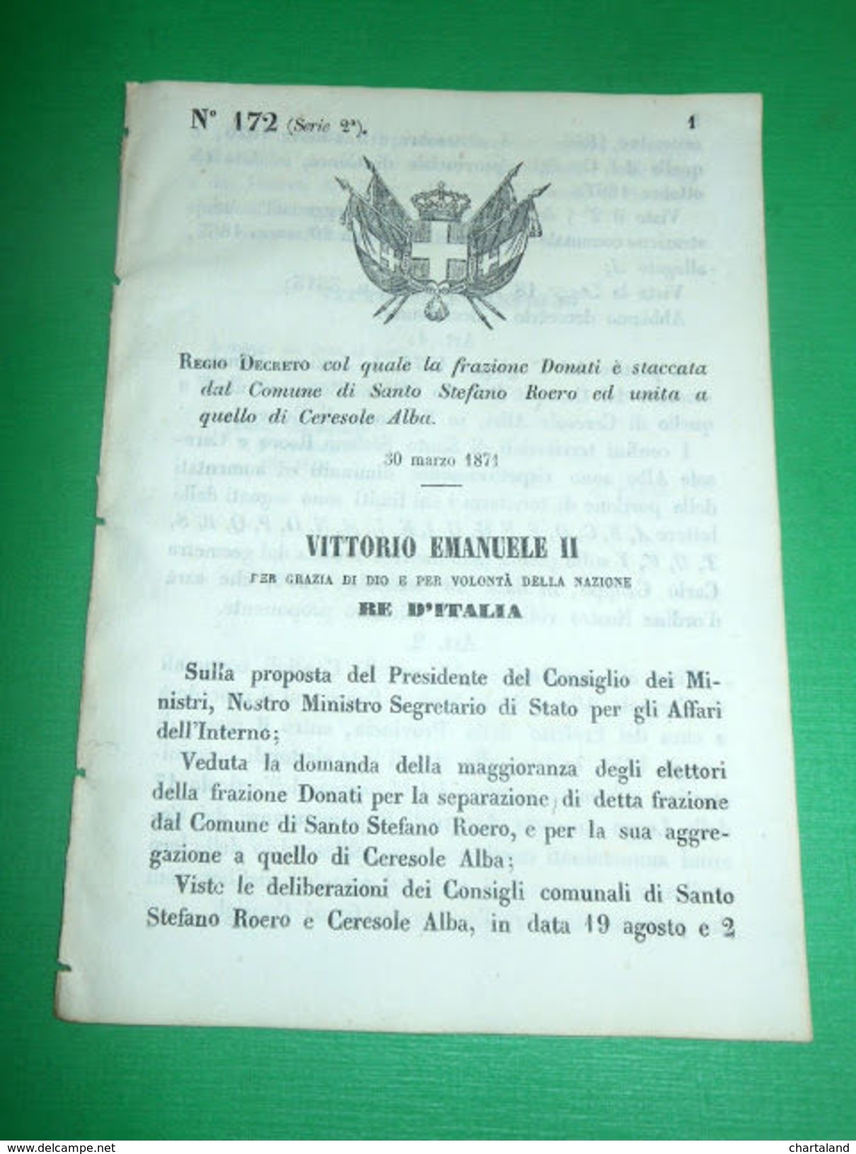 Regno D' Italia Regio Decreto Unione Frazione Donati Con Ceresole Alba 1871 - Non Classés