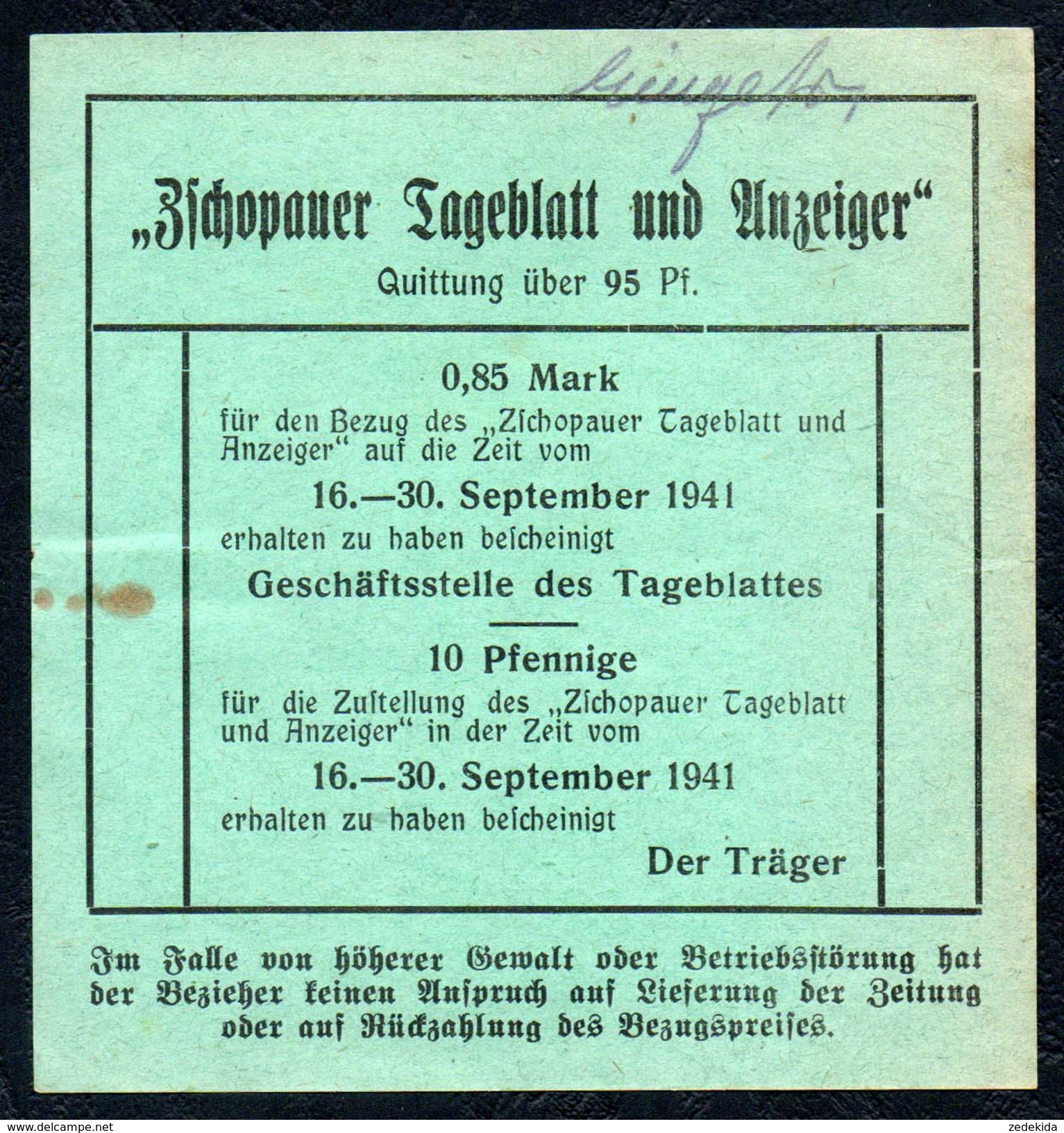 A9056 - Zschopau - Zschopauer Tageblatt - Rechnung Quittung 1941 - 1900 – 1949