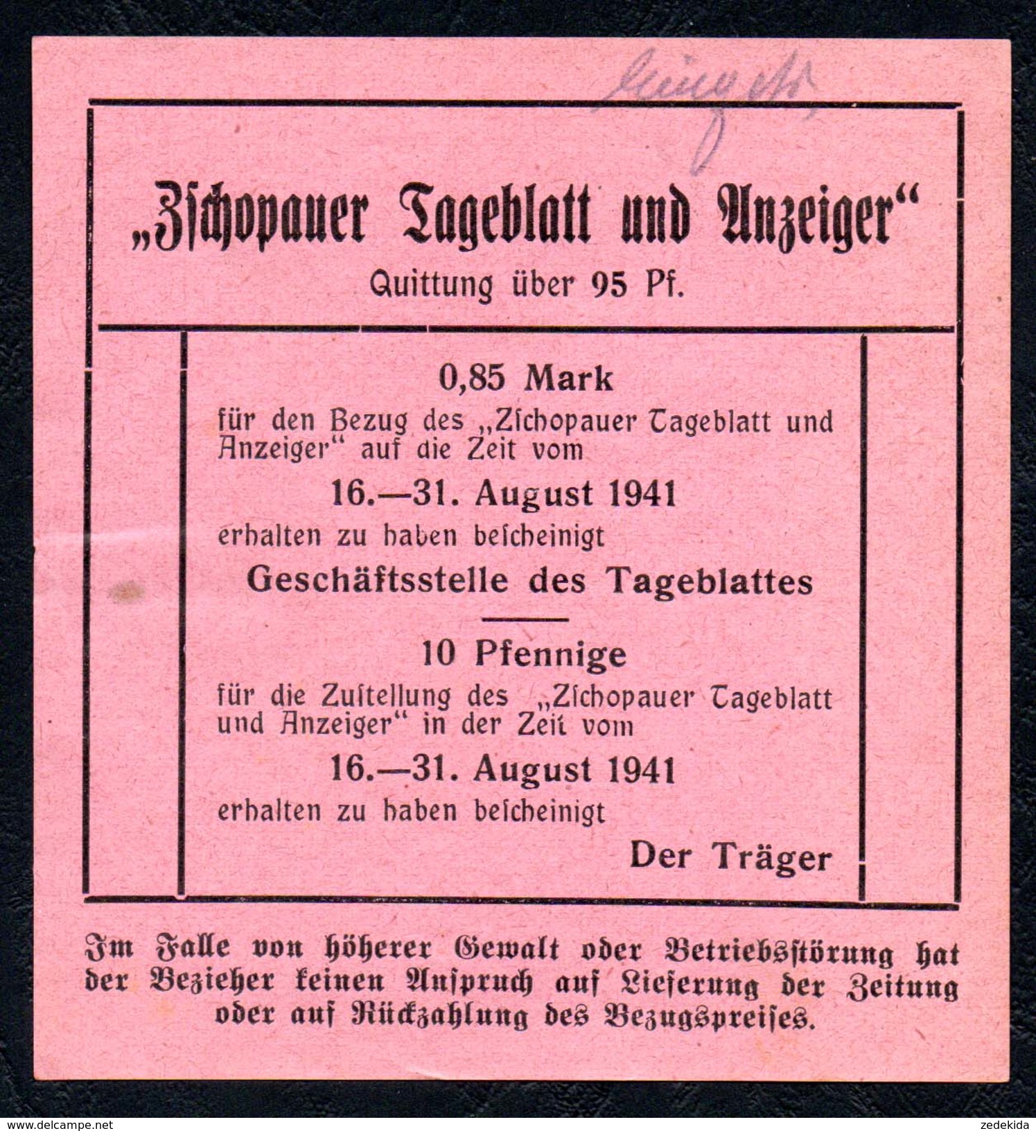 A9057 - Zschopau - Zschopauer Tageblatt - Rechnung Quittung 1941 - 1900 – 1949