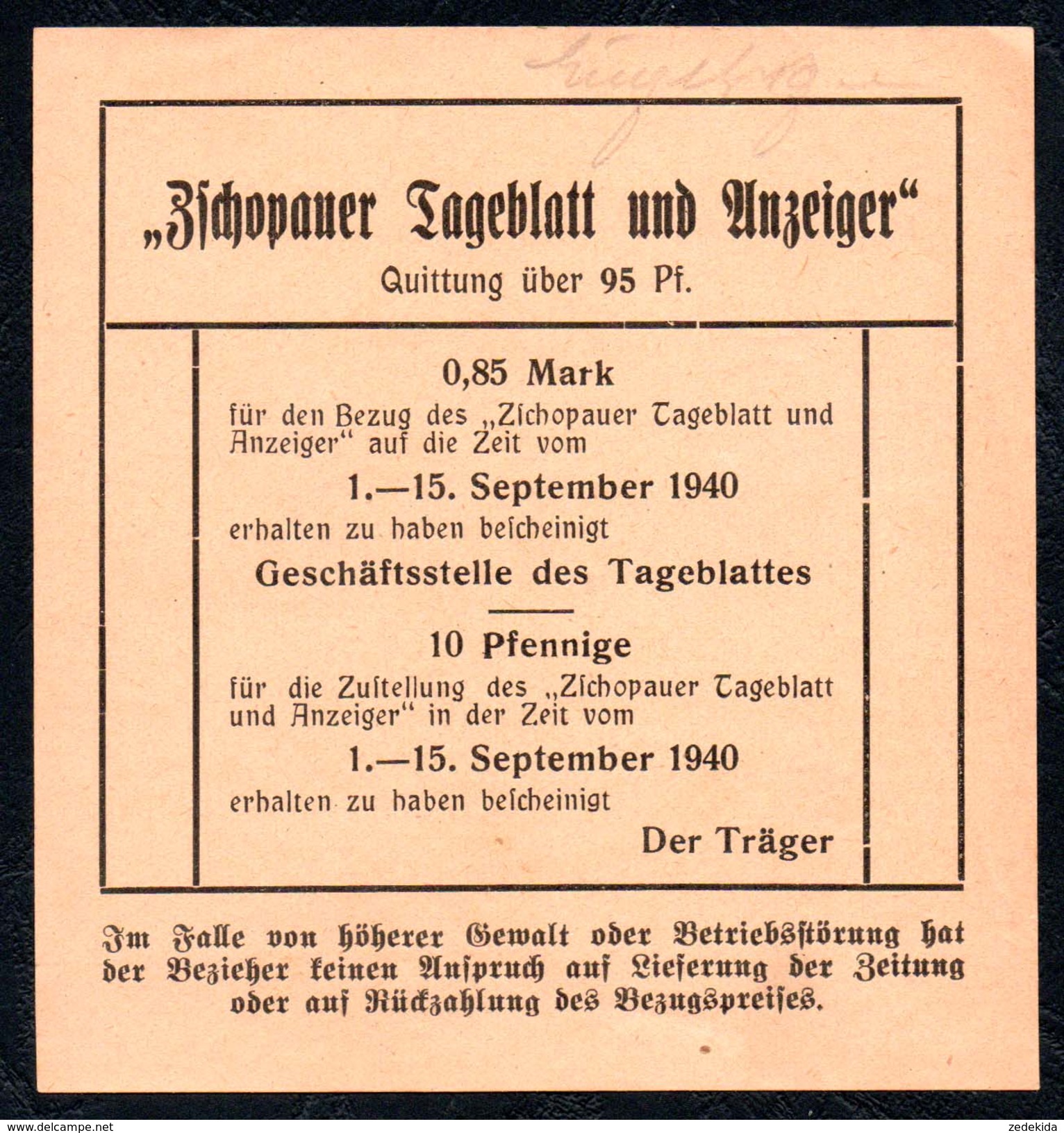 A9058 - Zschopau - Zschopauer Tageblatt - Rechnung Quittung 1940 - 1900 – 1949