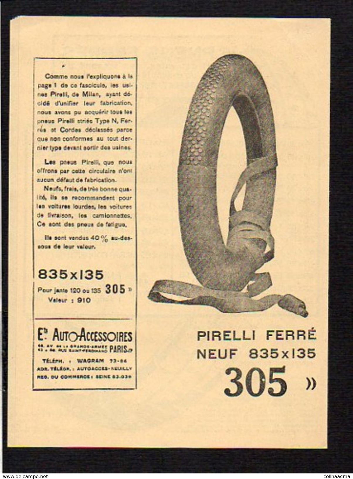 Dépliant 1926 Pneus Dunlop,Pirelli Neuf " Ets Auto Accessoires " Paris 17 - Advertising