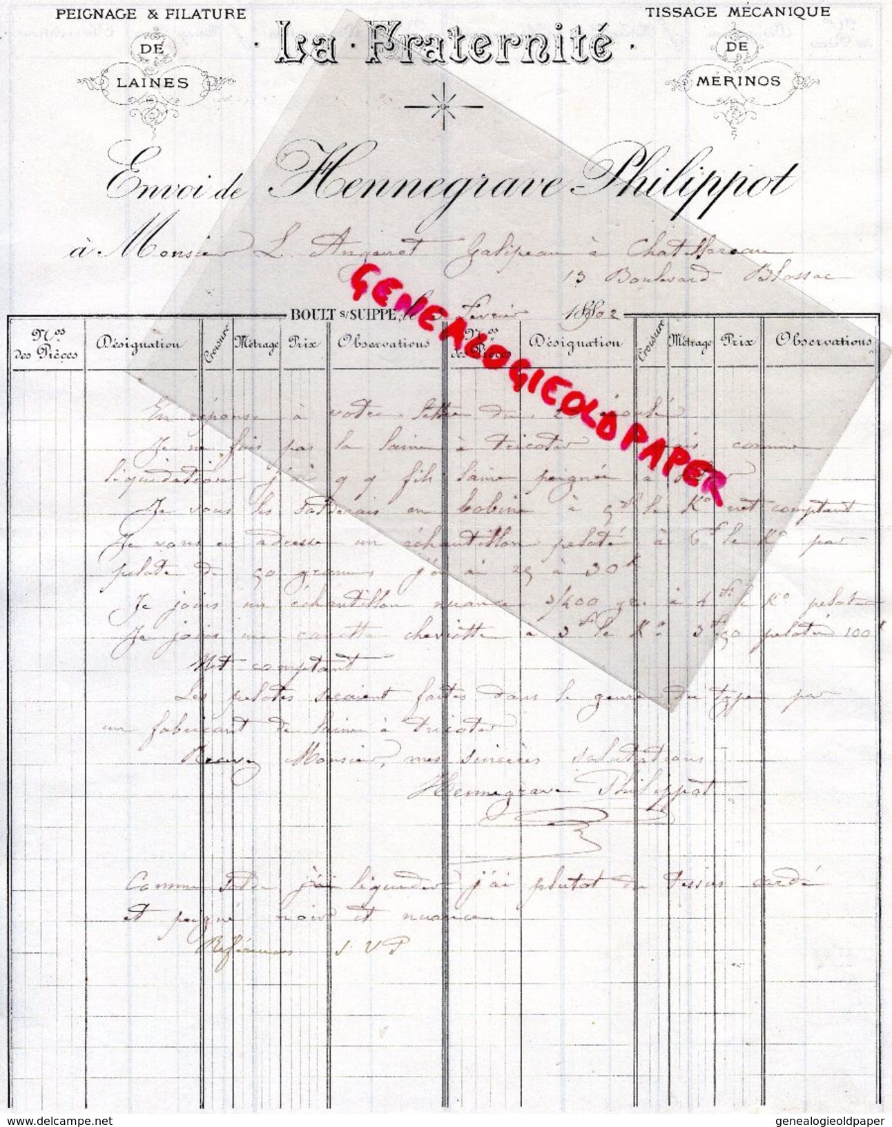 51- BOULT SUR SUIPPE- RARE FACTURE LA FRATERNITE- PEIGNAGE FILATURE TISSAGE MECANIQUE DE MERINOS- HENNEGRAVE PHILIPPOT- - Textile & Vestimentaire