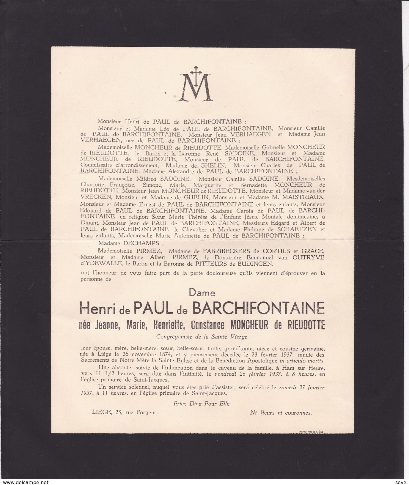 LIEGE HAM SUR HEURE Jeanne MONCHEUR De RIEUDOTTE 1874-1937 épouse De PAUL De BARCHIFONTAINE - Obituary Notices