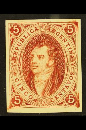 5201 1864 IMPERF PLATE PROOF For The 5c Rivadavia Issue (Scott 8, SG 13) Printed In Brown-rose On Ungummed Unwatermarked - Other & Unclassified