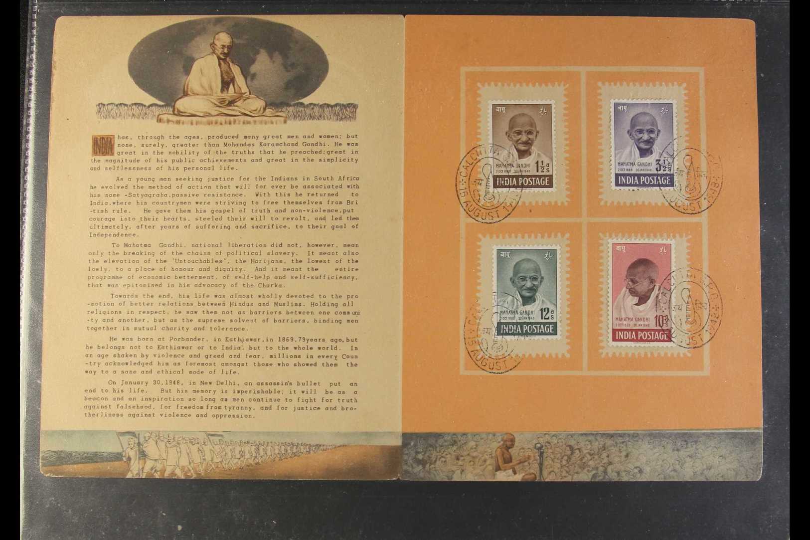 6556 1948 (15 Aug) Gandhi Set Complete (SG 305/8) Tied To Official Special Illustrated Memorial Folder By "CALCUTTA G.P. - Other & Unclassified