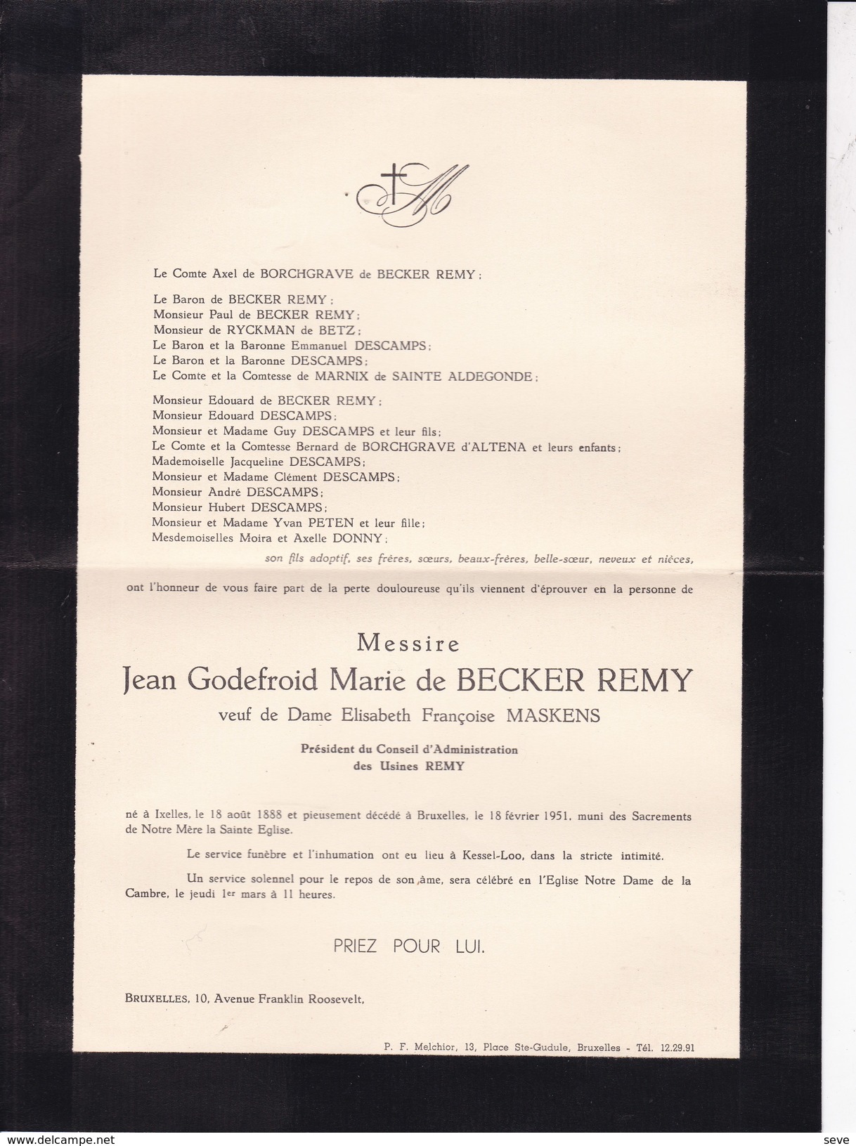 KESSEL-LOO Jean Godefroid De BECKER REMY Veuf MASKENS 1888-1951 Usines REMY Famille De BORCHGRAVE - Obituary Notices