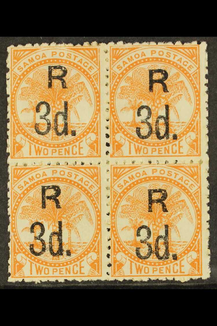 7581 1895 3d On 2d Dull Orange, Perf 12x11½, SG 74, Mint BLOCK OF 4, Some Heavy Hinging / Re-enforcement. Scarce Multipl - Samoa