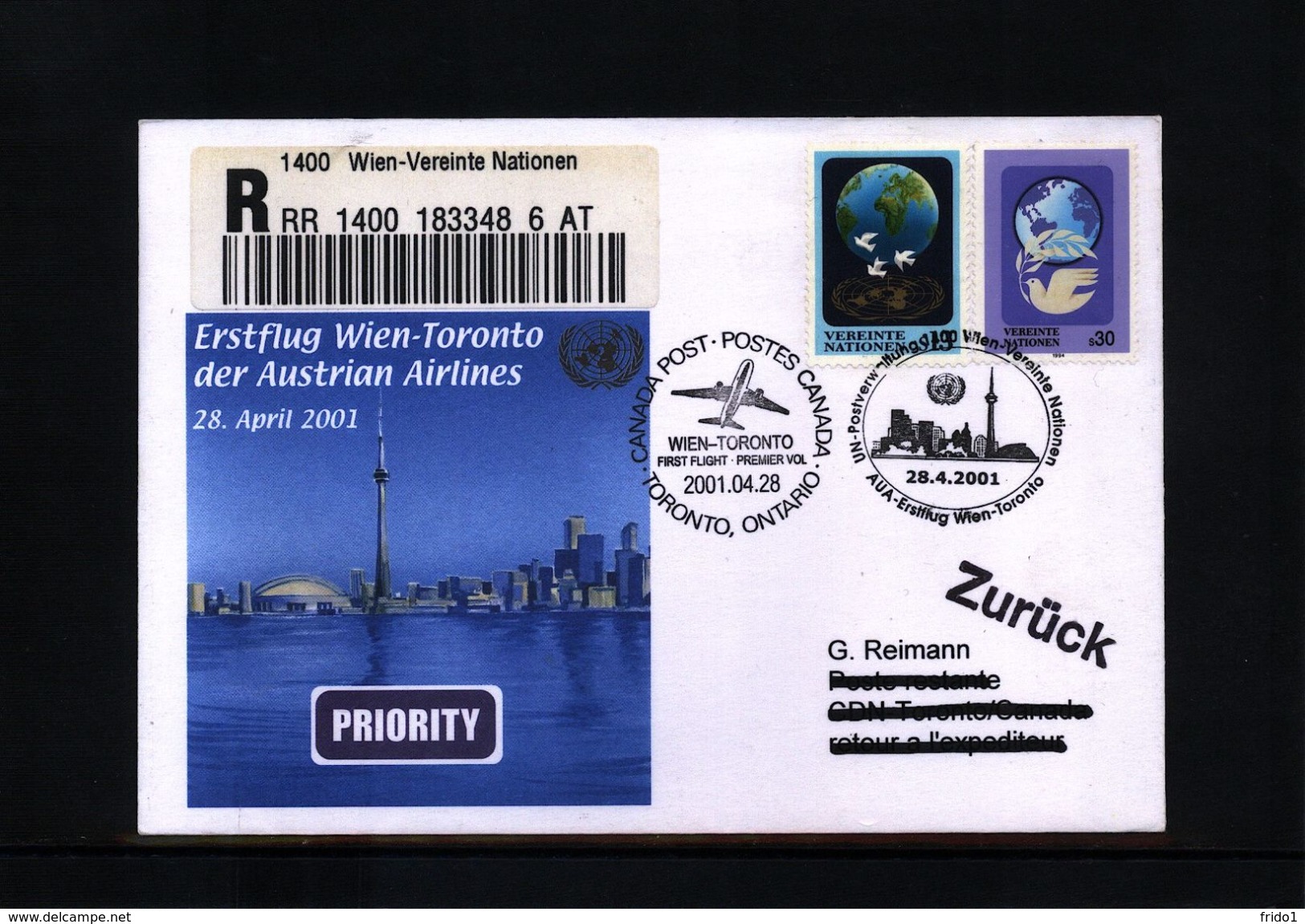 UNO Wien 2001 First Flight Wien-Toronto - Covers & Documents