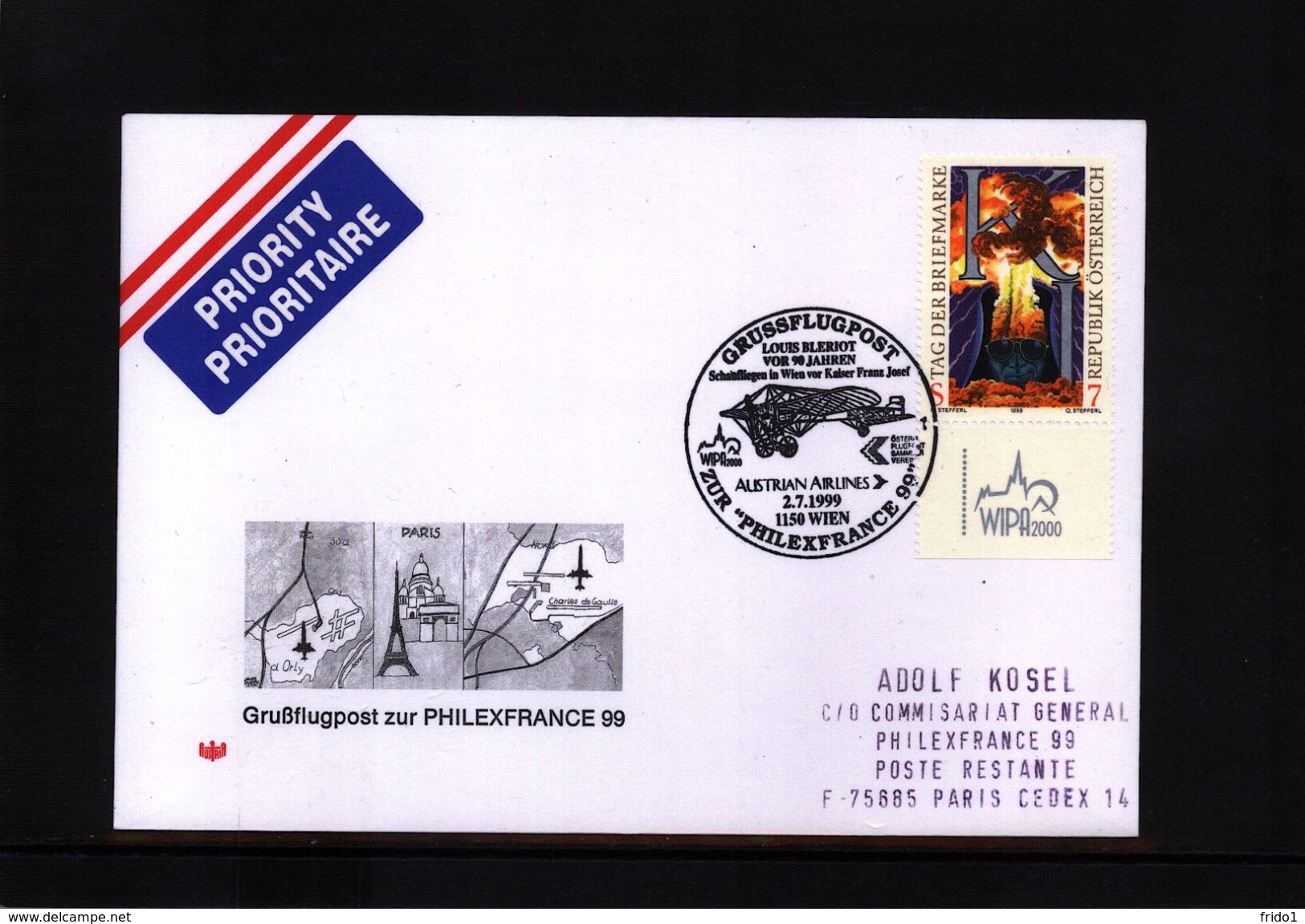 UNO Wien 1999 Sonderflugpost Wien-Paris Philexfrance - Cartas & Documentos