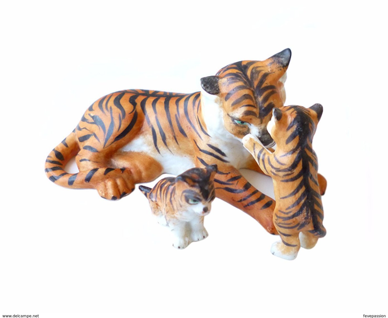 Lot 3 Figurine Ancienne Allemande Famille Tigre Biscuit Statuette Animal 1890 Bisque Miniature Bibelot - Animaux