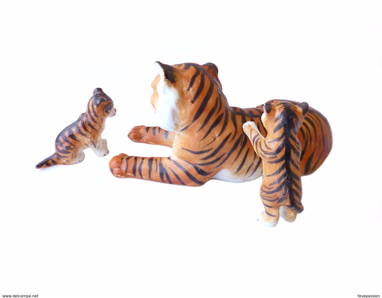 Lot 3 Figurine Ancienne Allemande Famille Tigre Biscuit Statuette Animal 1890 Bisque Miniature Bibelot - Animali