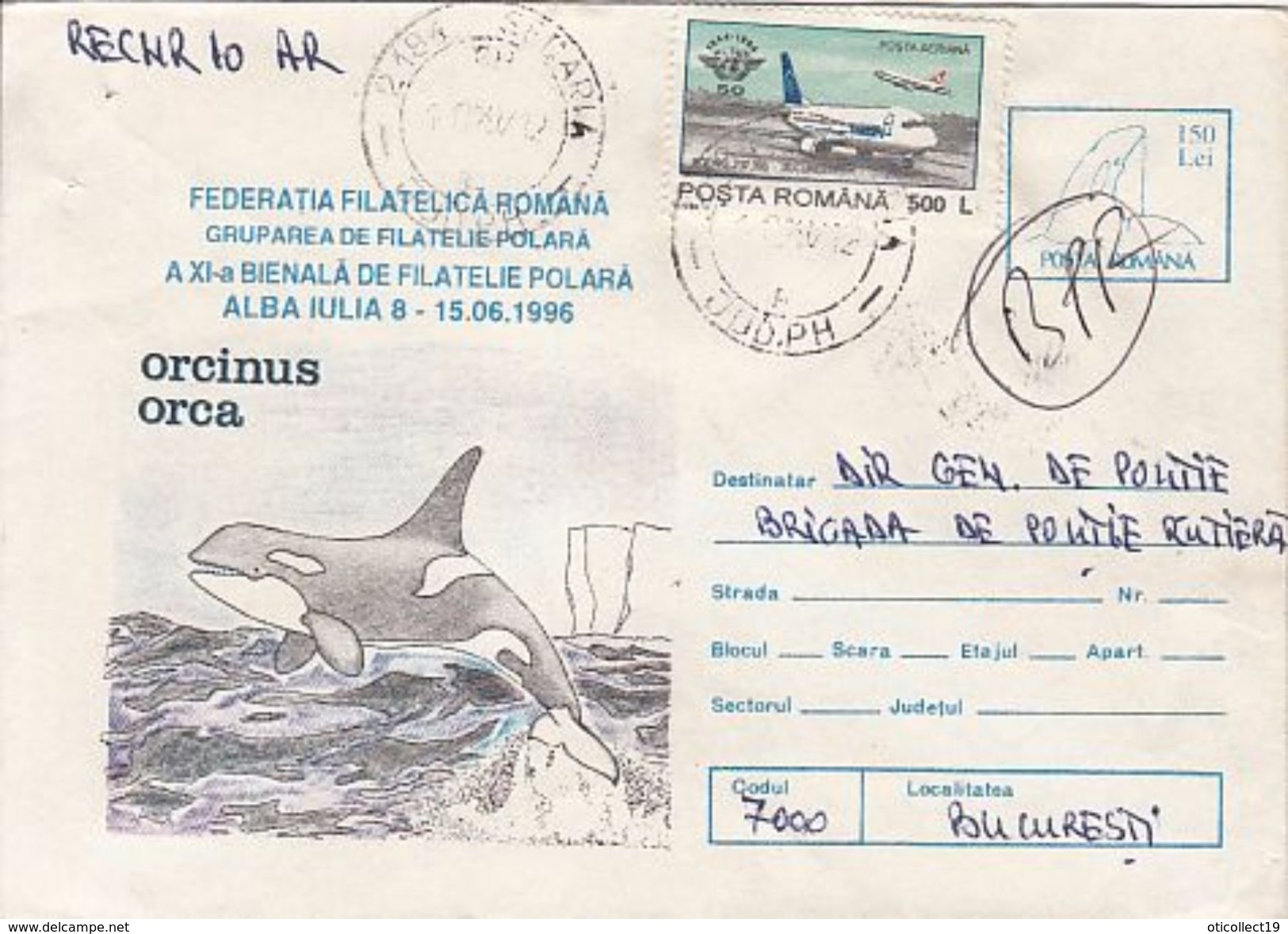 ARCTIC WILDLIFE, ORCA, KILLER WHALE, REGISTERED COVER STATIONERY, 1997, ROMANIA - Faune Arctique