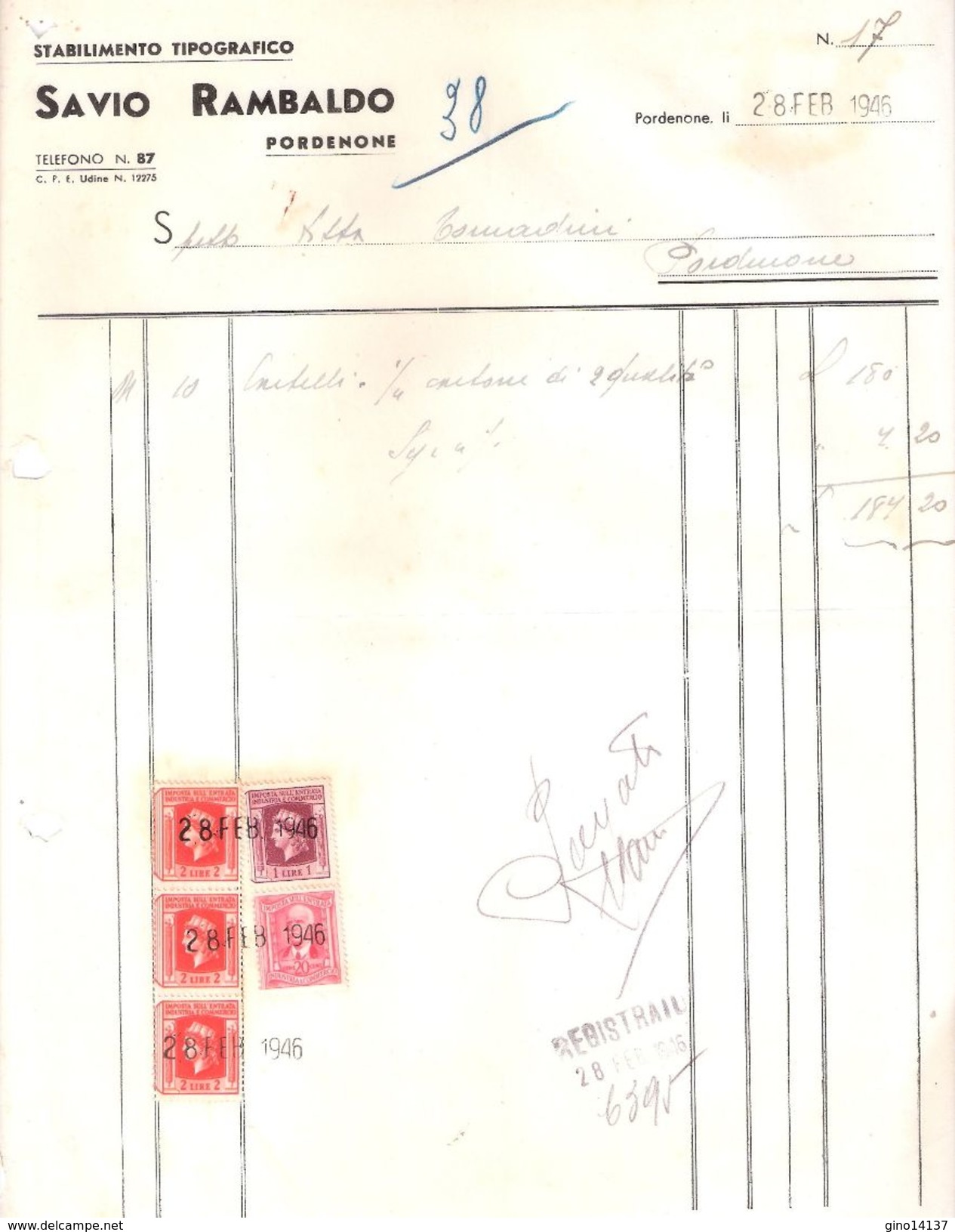 FATTURA Marca Da Bollo SAVIO RAMBALDO PORDENONE Stabilimento Tipografico 1946 - Italia