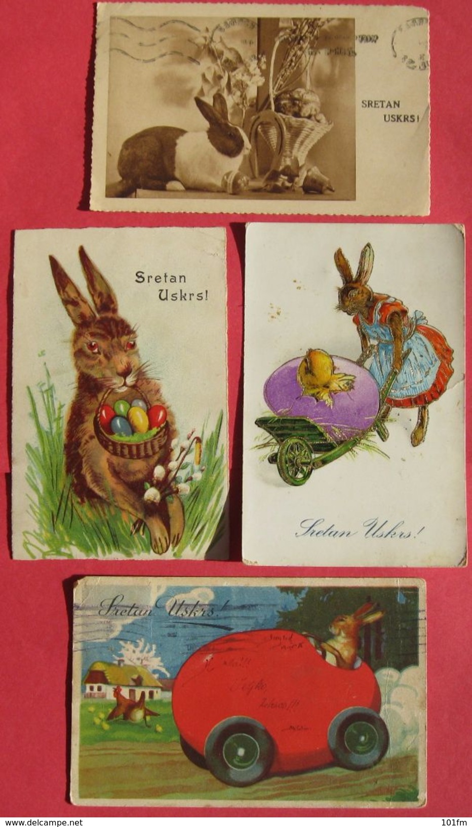 Lot Of 4 Old Postcards, Sretan Uskrs, Easter Greetings - Frohliche Ostern, Rabbit And Eggs - Ostern