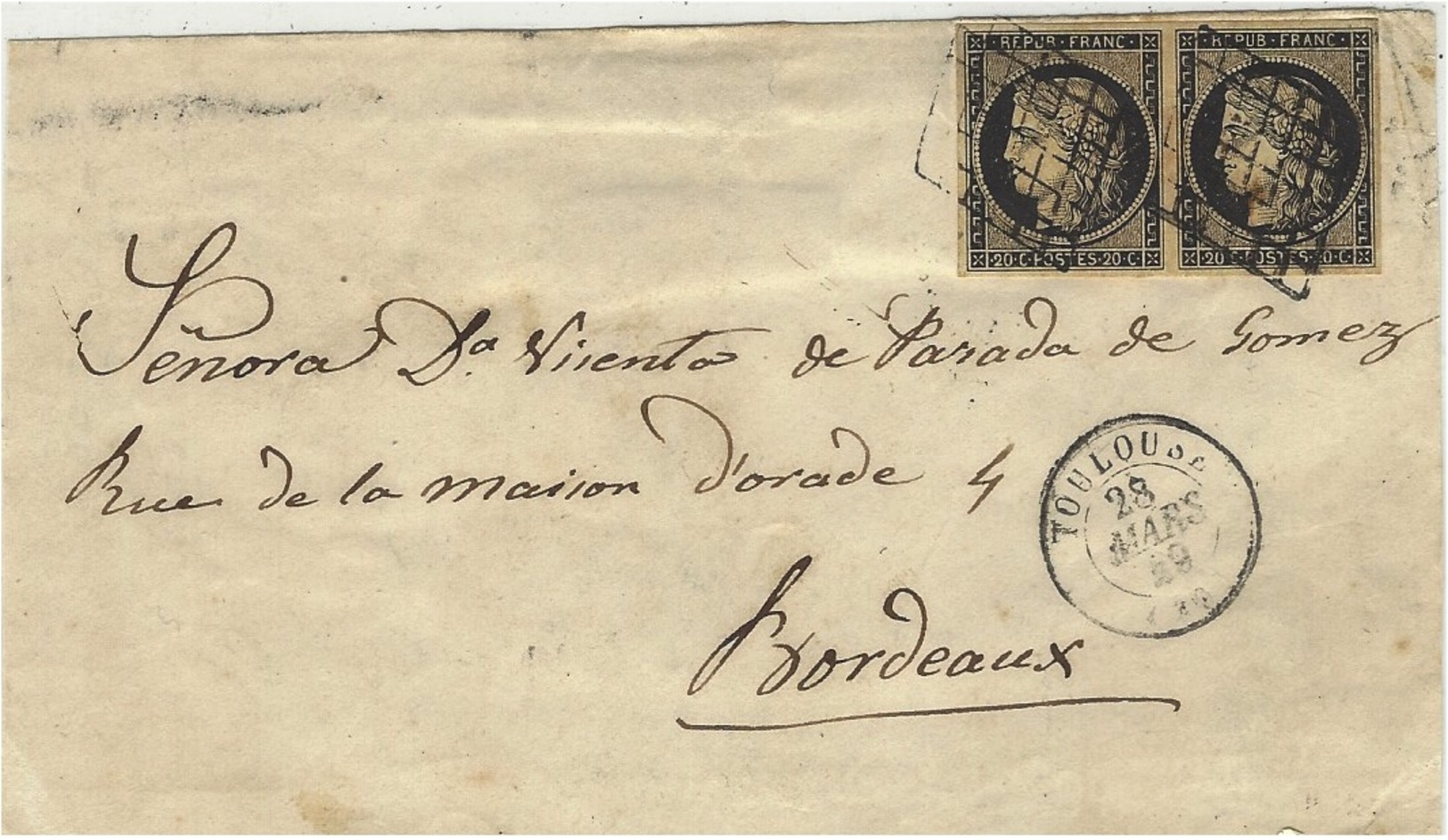 Mars 1849- DEVANT De Lettre De Toulouse ( Hte Garonne ) Cad T15 Affr. Paire N°3 ( 4 Marges )  Oblit. Grille - 1849-1876: Classic Period