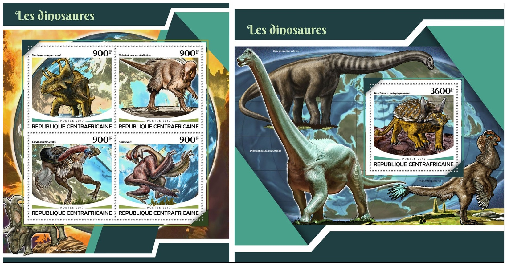 DELUXE IMPERF Central Africa 2017 Dinosaurs Prehistoric Animals MS+S/S CA17713 - Other & Unclassified