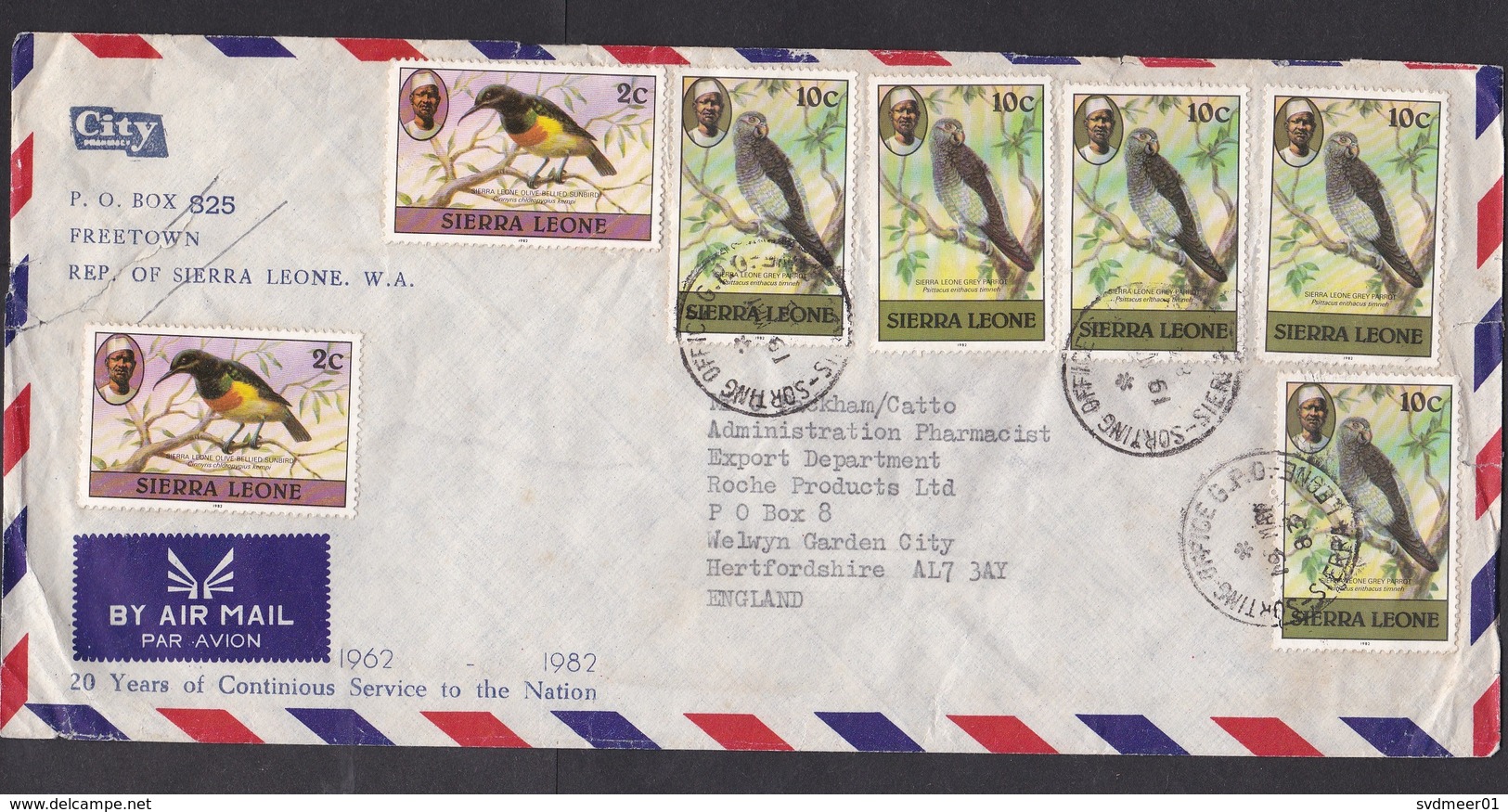 Sierra Leone: Airmail Cover To UK, 1983, 7 Stamps, Exotic Bird, Parrot, Sunbird (damaged, See Scan) - Sierra Leone (1961-...)