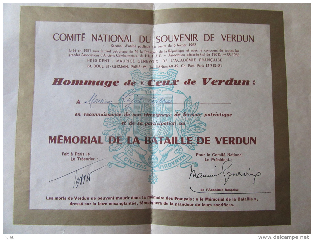 Comité National Du Souvenir De Verdun - Diplôme Hommage De "Ceux De Verdun" - Signé Maurice Genevoix - Diplomas Y Calificaciones Escolares