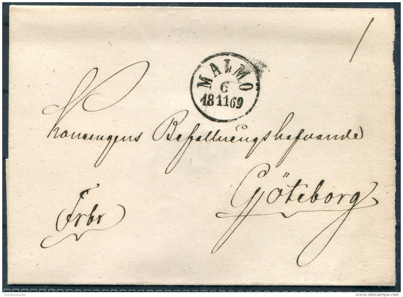 1869 Sweden Malmo Fribrev Cover - Covers & Documents