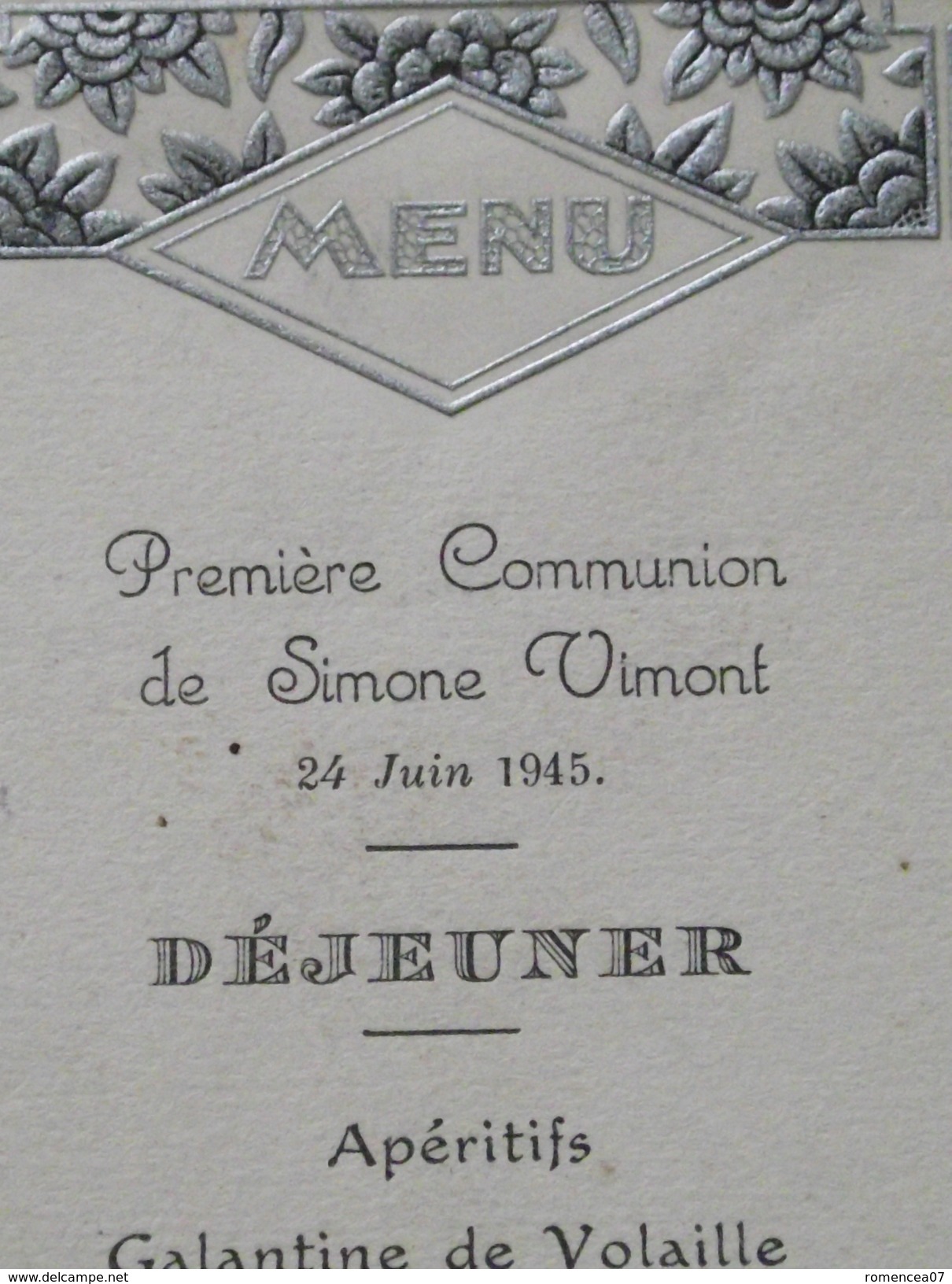 MENU De PREMIERE COMMUNION De Simone Vimont - 24 Juin 1945 - Déjeuner - A Voir ! - Menus