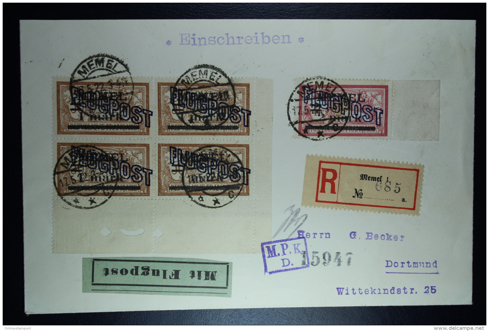 Memel Flugpost  Einschreiben Umschlag Memel Nach Dortmund Mi 4* 43 Platte II + 44   Zensur MPK Köningsberg  17-5-1922 - Memelgebiet 1923