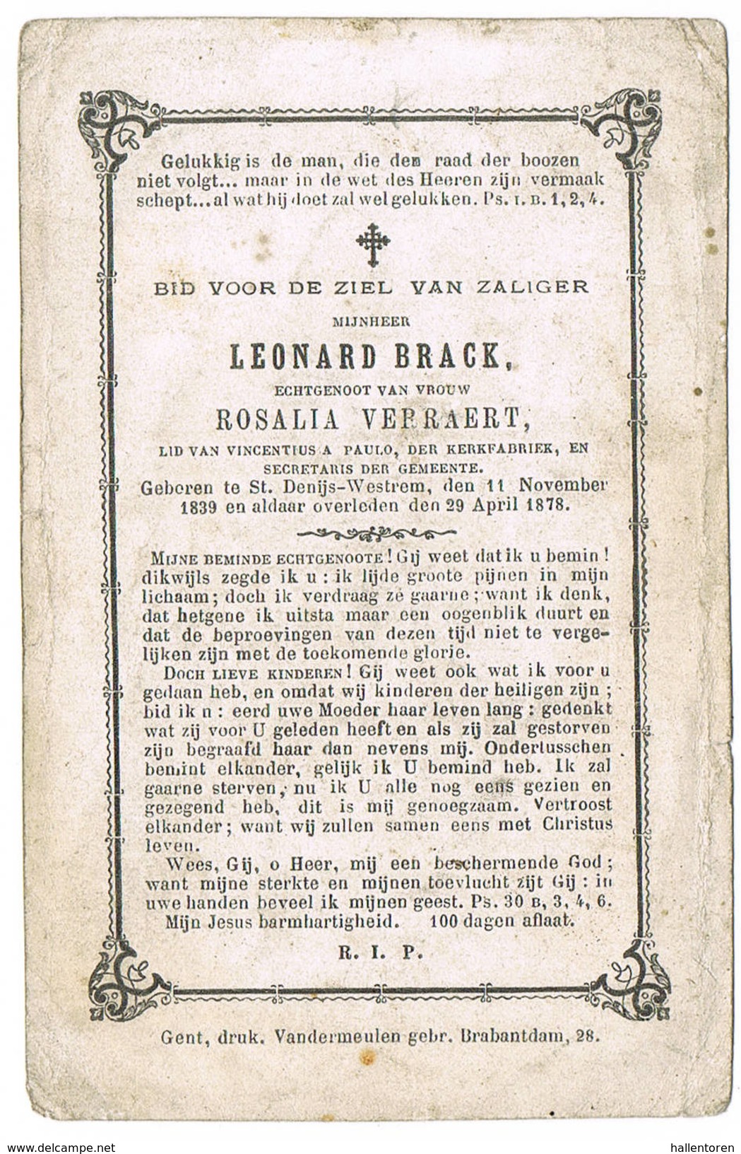 Sint-Denijs-Westrem: 1878, Leonard Brack; Secretaris Der Gemeente ( 2 Scans) - Devotieprenten