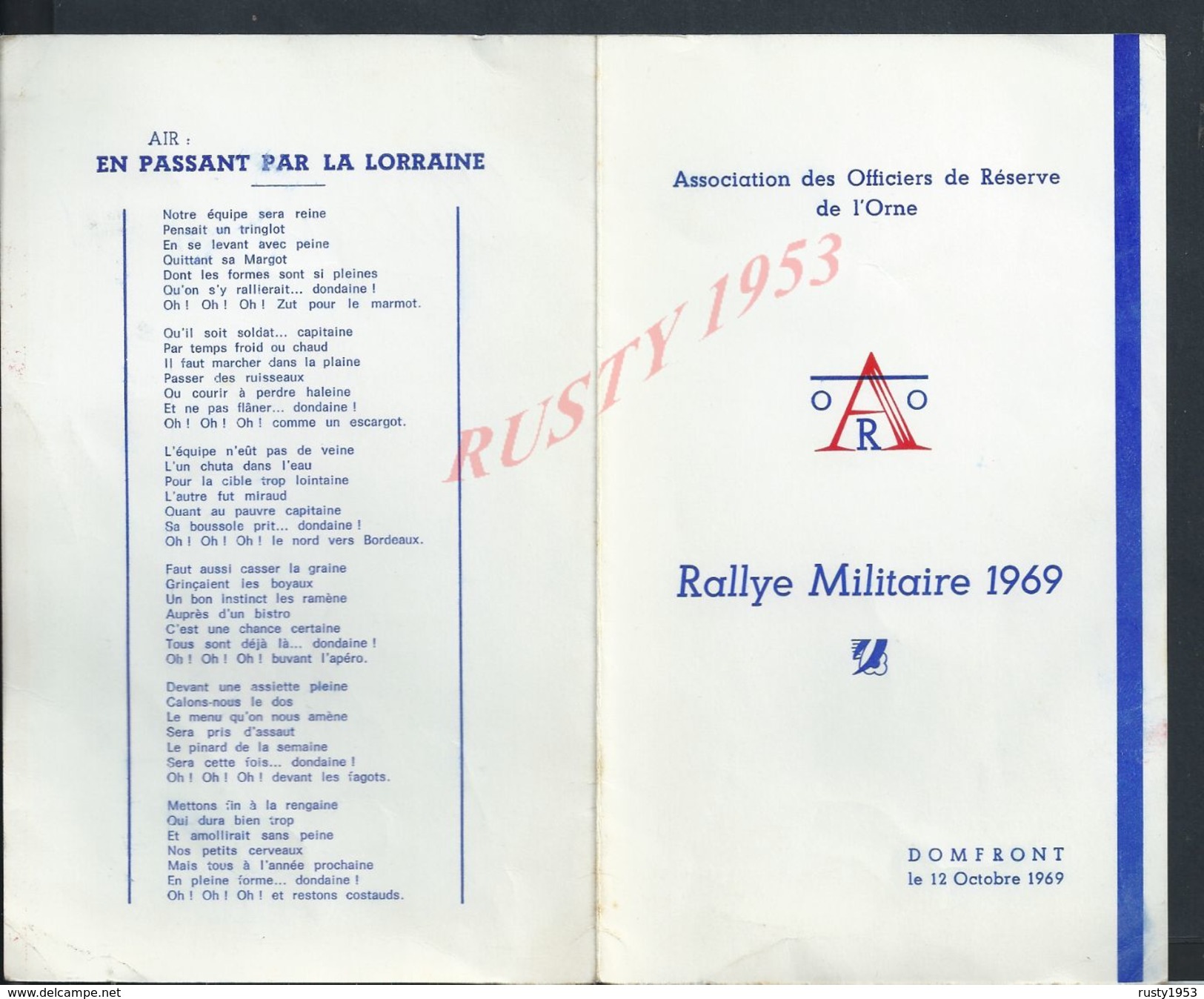 MILITARIA MENU MILITAIRE ASSOCIATION OFFICIERS DE L ORNE RALLYE1969 À DOMFRONT :AIR EN PASSANT PAR LA LORRAINE : - Menus